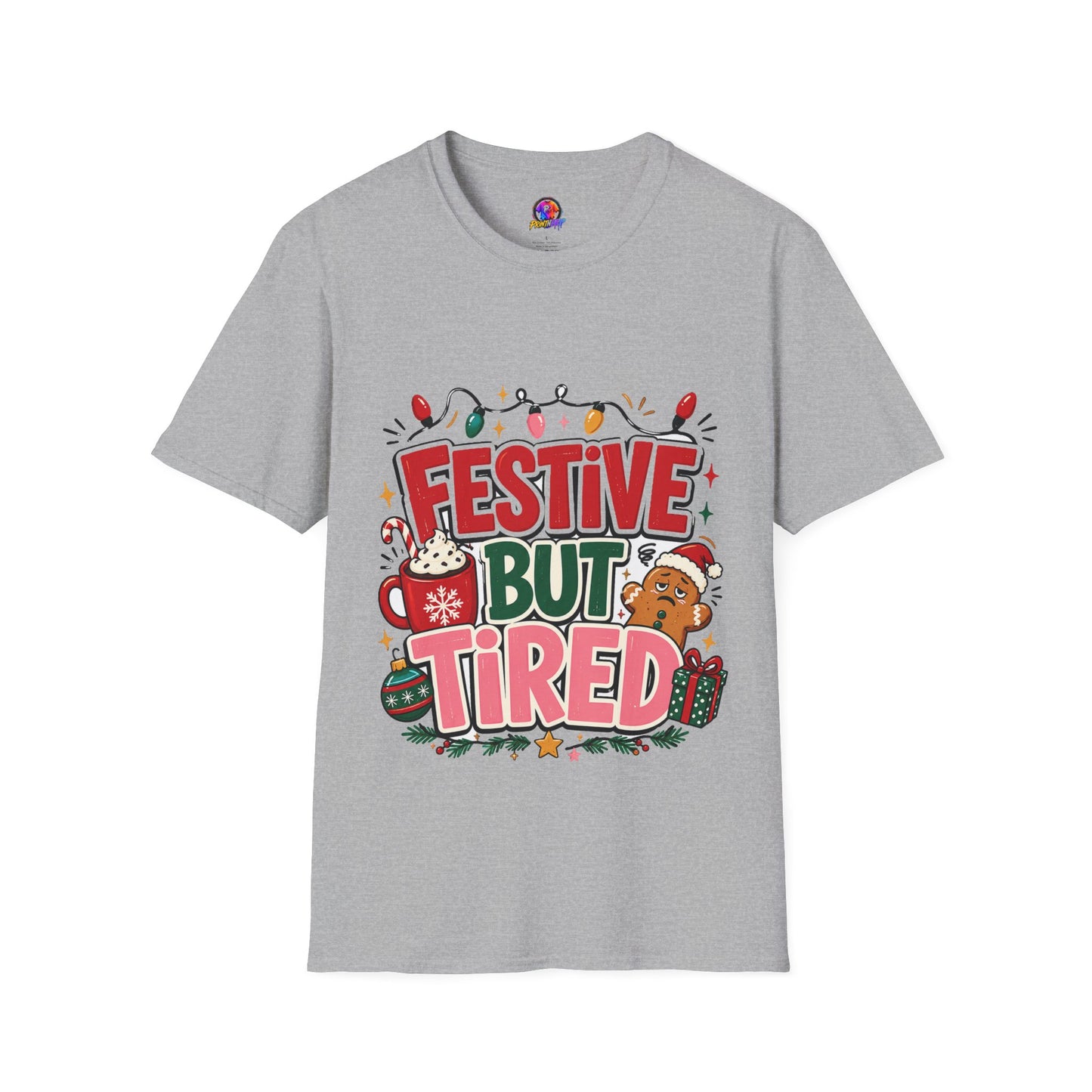 Festive But Tired T-Shirt — Holiday Christmas Crew Tee with Lights & Gingerbread