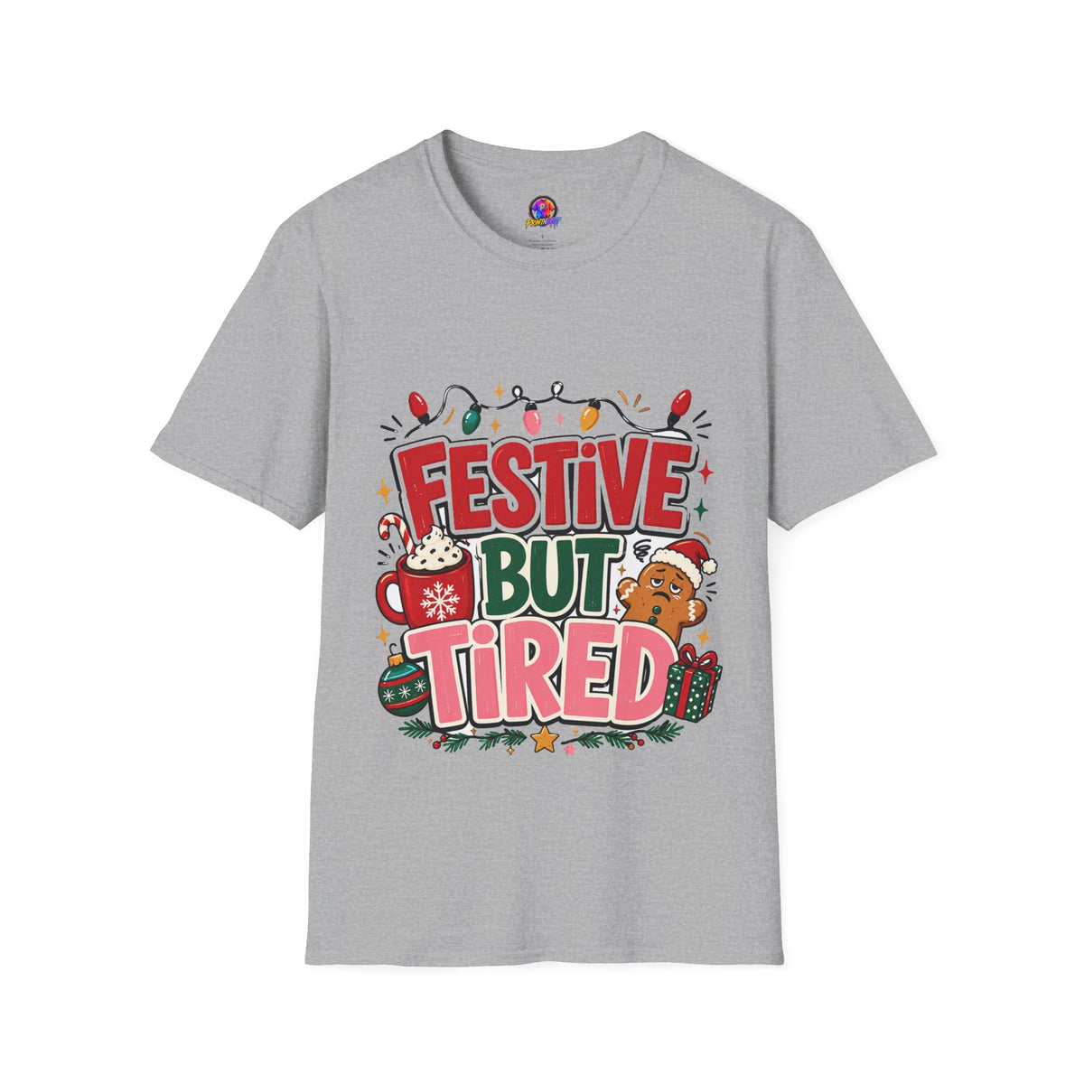 Festive But Tired T-Shirt — Holiday Christmas Crew Tee with Lights & Gingerbread