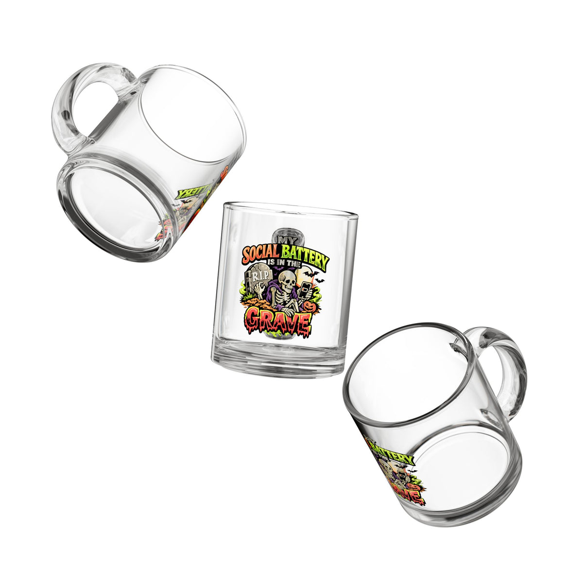 Halloween Glass Mug 10 oz  Glass Mug — "My Social Battery Is in the Grave" Halloween Skeleton Coffee Cup