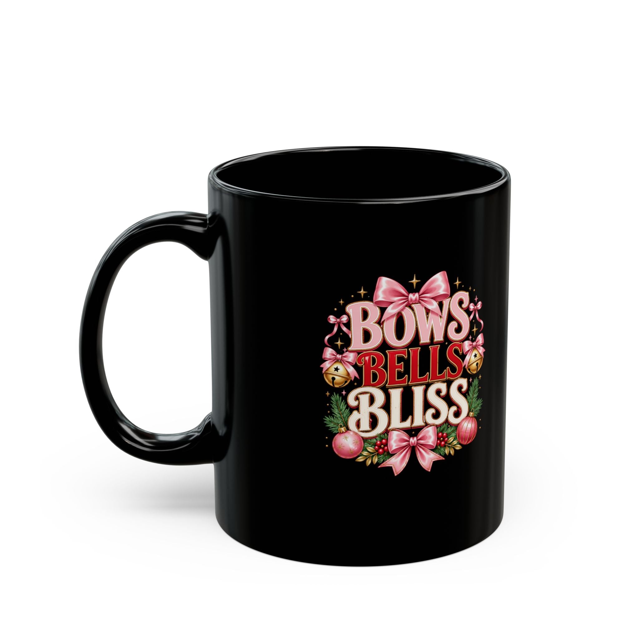 Christmas Mug — "Bows Bells Bliss" Festive Holiday Coffee Cup
