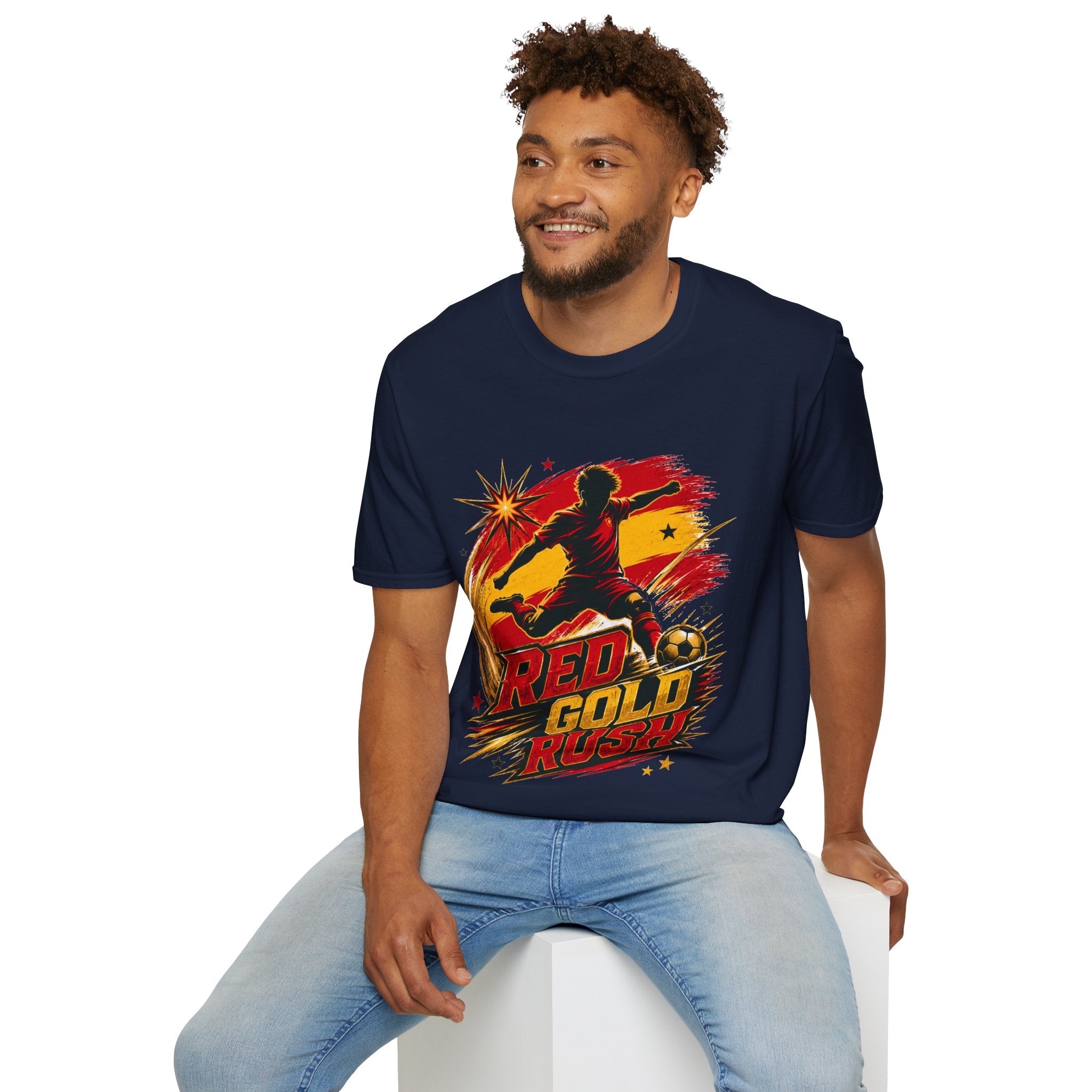 Spain Red & Gold Rush Soccer T-Shirt — Retro Soccer Player Graphic