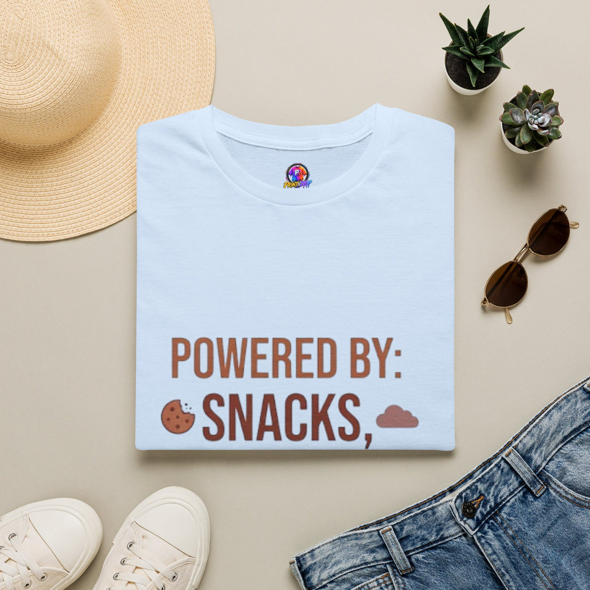 Powered By: Snacks, Naps & Stubbornness T-Shirt — Funny Casual Graphic Tee
