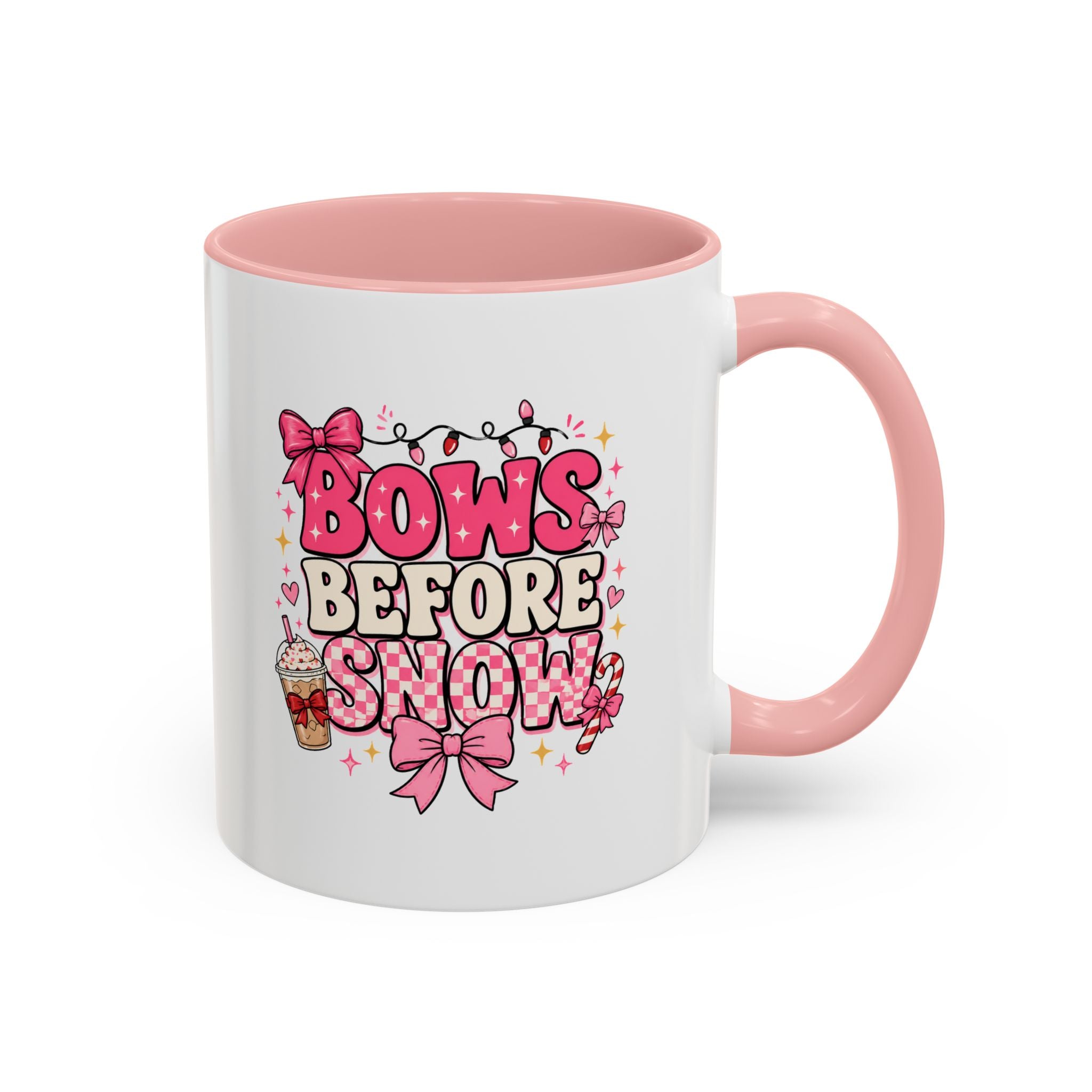 Modern Day Christmas Bows Before Snow Accent Coffee Mug — Cute Pink Holiday Hot Cocoa Design (11/15oz)