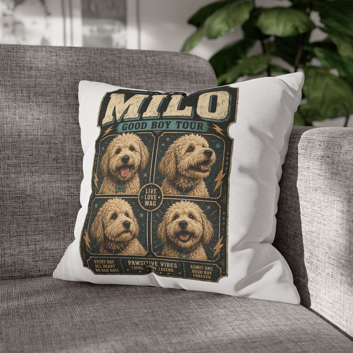 Milo "Good Boy Tour" Square Pillowcase — Cute Dog Portrait Decorative Pillowcase Milo Bailey Dog Dad Mom