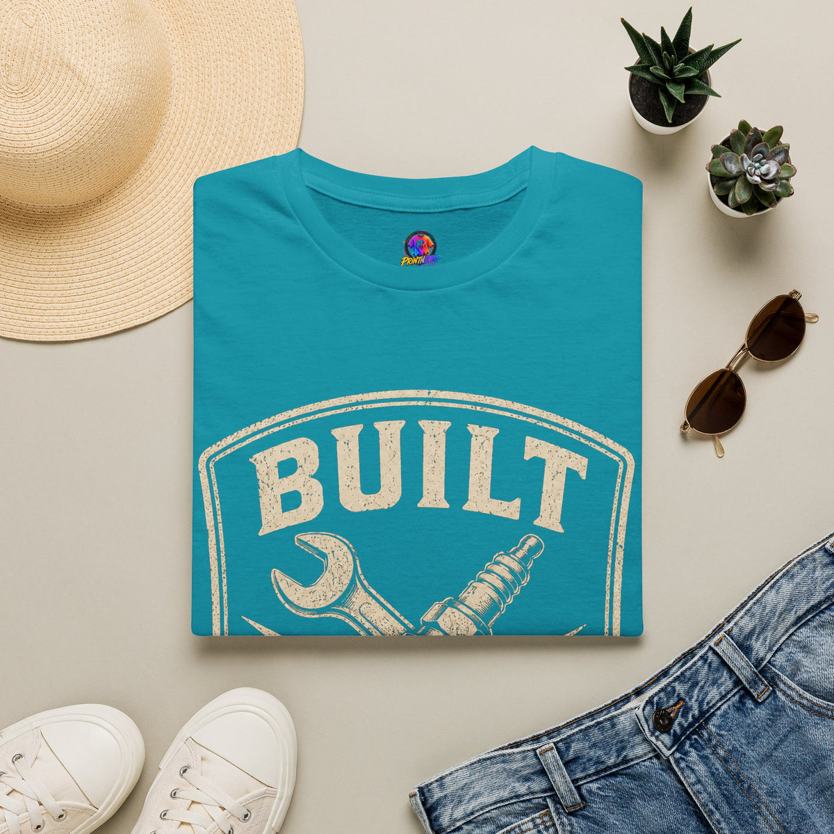 Built Not Bought T-Shirt — Vintage Mechanic Wrench & Spark Plug Design