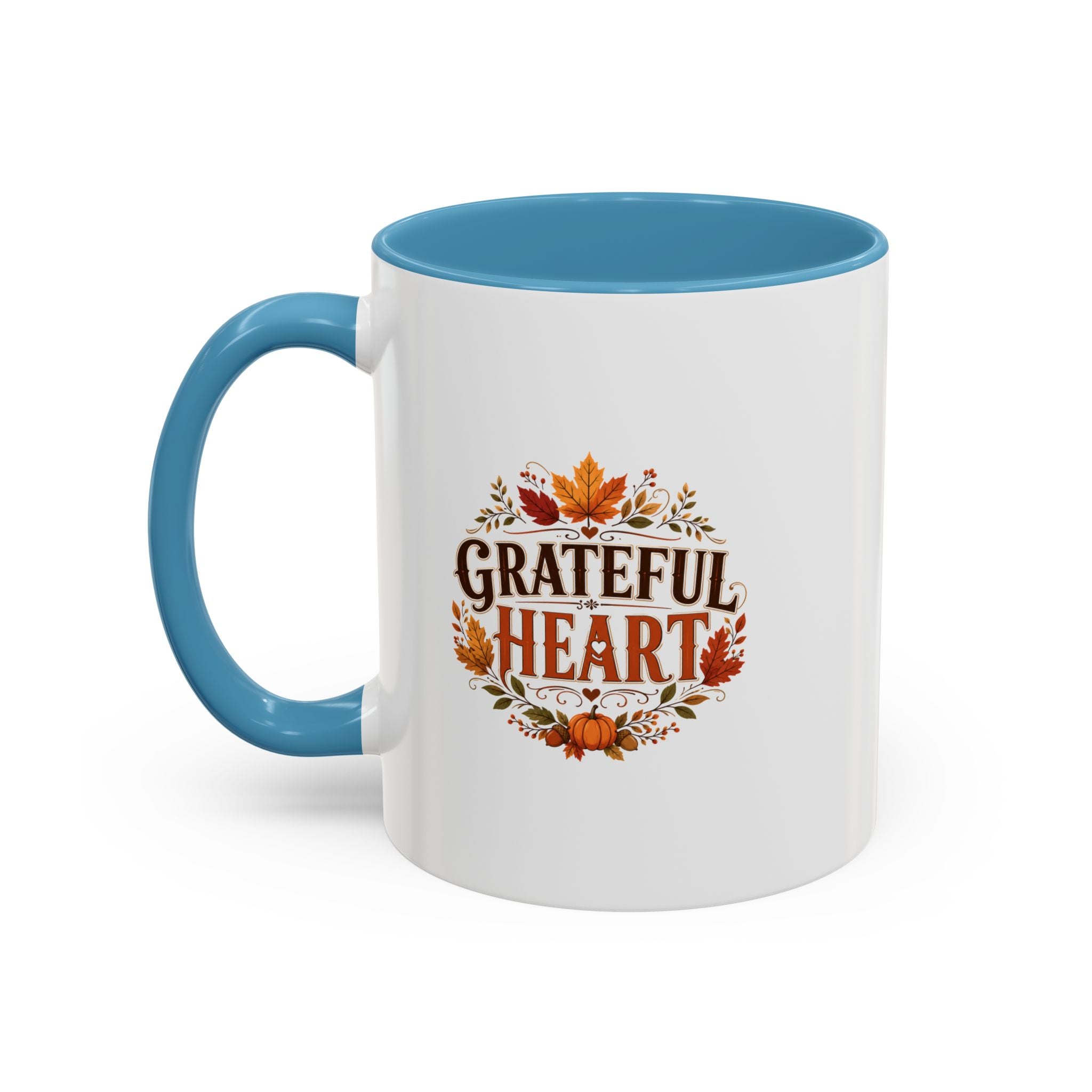 Thanksgiving Mug Grateful Heart Coffee Mug — Fall Leaves Pumpkin Accent Mug
