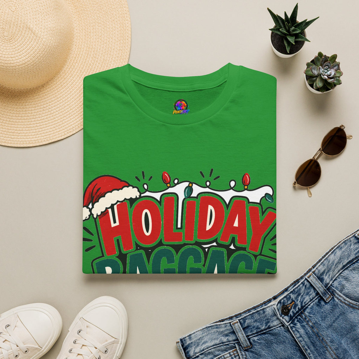 Holiday Baggage Claim T-Shirt — Funny Christmas Vacation Tee with Santa Hat & Lights