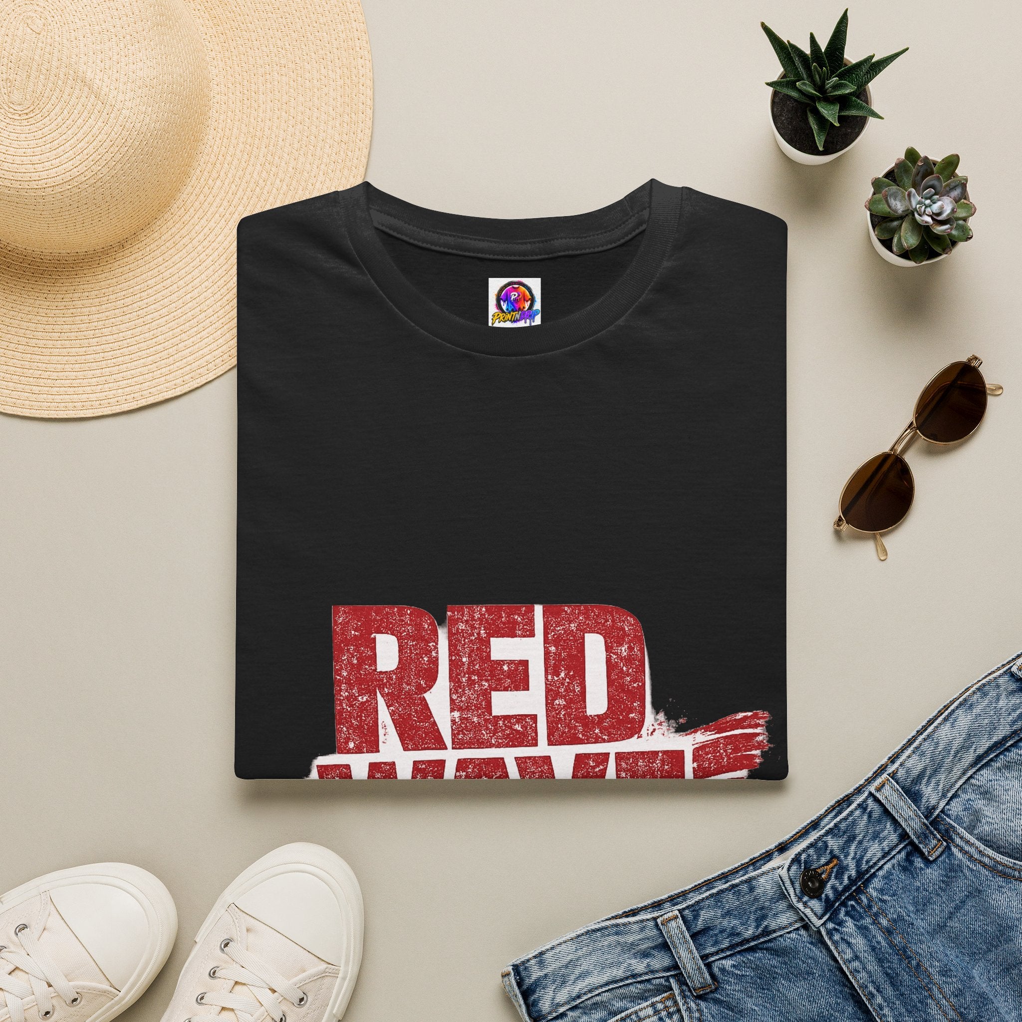 South Korea Red Wave Graphic T‑Shirt — Vintage Distressed Logo Tee