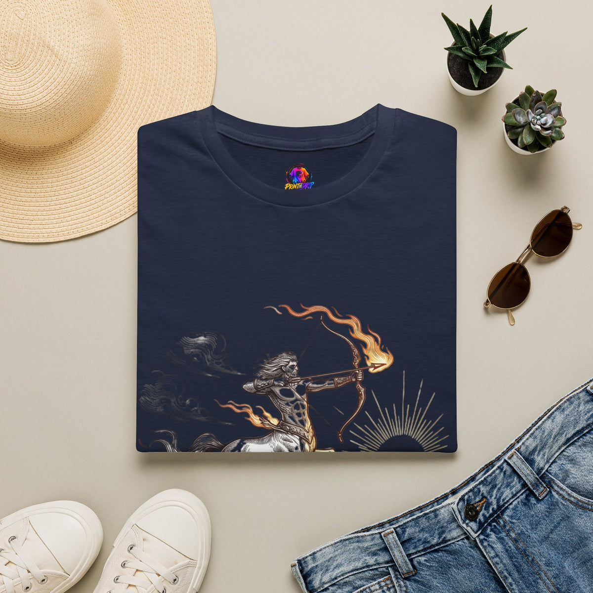Sagittarius Centaur Archer T-Shirt — Mythical Archer Graphic Tee (Flaming Bow)
