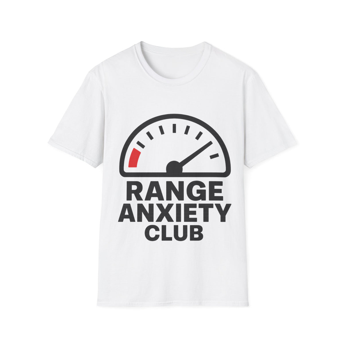 "Range Anxiety Club" Electric Vehicle Graphic Tee - Funny EV Owner Battery Humorous White T-Shirt - Trending Now - September 2026
