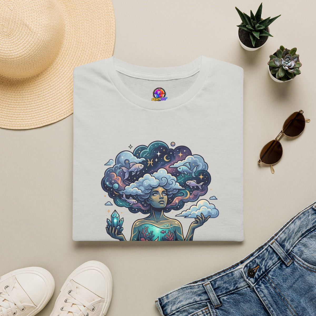 Pisces Zodiac in the Clouds T-Shirt — Dreamy Cosmic Woman Graphic Tee