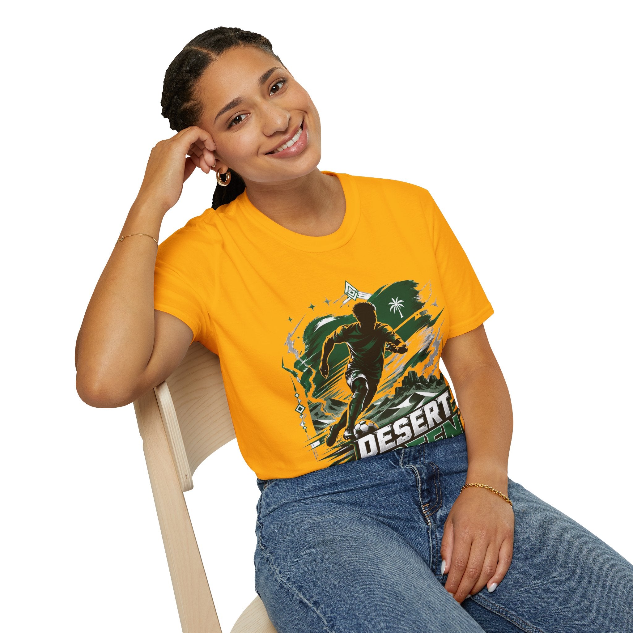 Saudi Arabia Desert Green Soccer T-Shirt — Silhouette Player Graphic