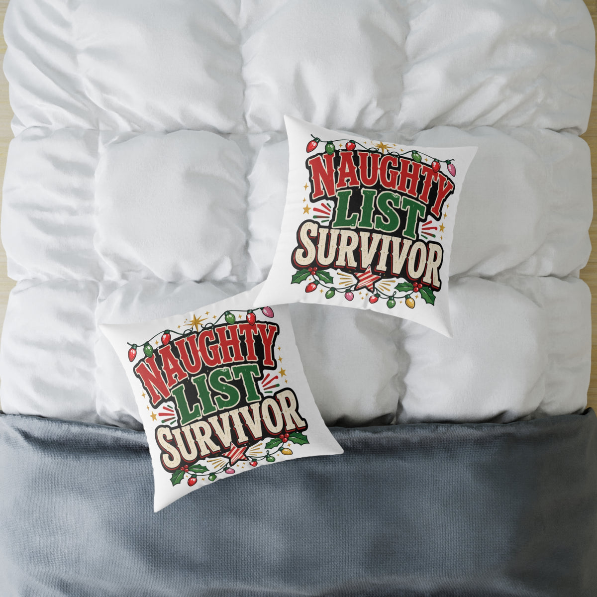 Christmas Square Pillow - "Naughty List Survivor" Christmas Holiday Decorative Throw Pillow