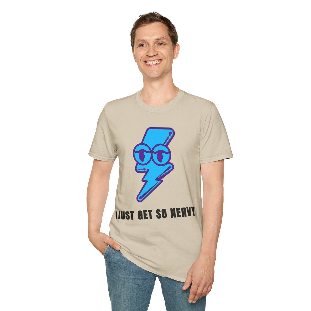 Graphic T-Shirt — 'I Just Get So Nervy' Blue Lightning Emoji Tee - Trending Now - September 2026