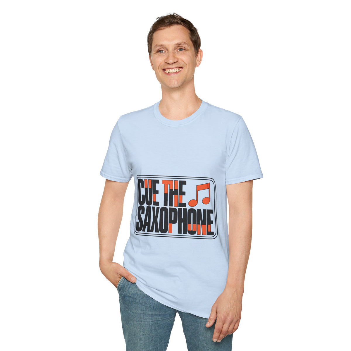 Cue The Saxophone Red Music Note T-Shirt - Y2K Stacked Jazz Graphic Tee - Trending Now - September 2026