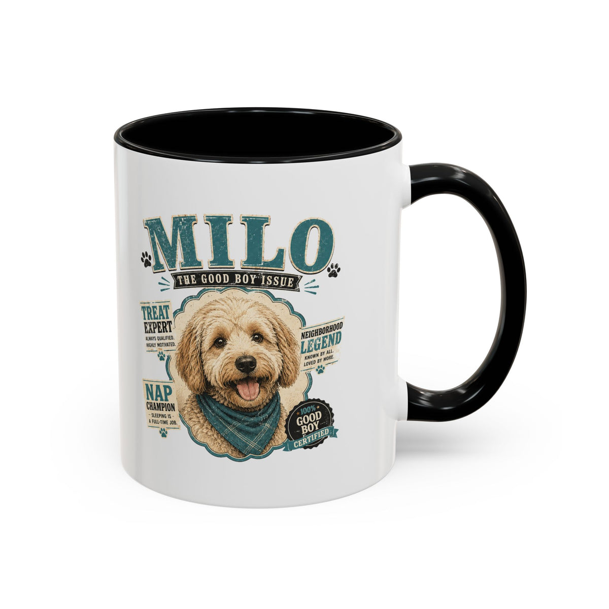 Milo Bailey Dog Dad Mom Personalized Dog Mug — "Milo The Good Boy" Accent Coffee Mug