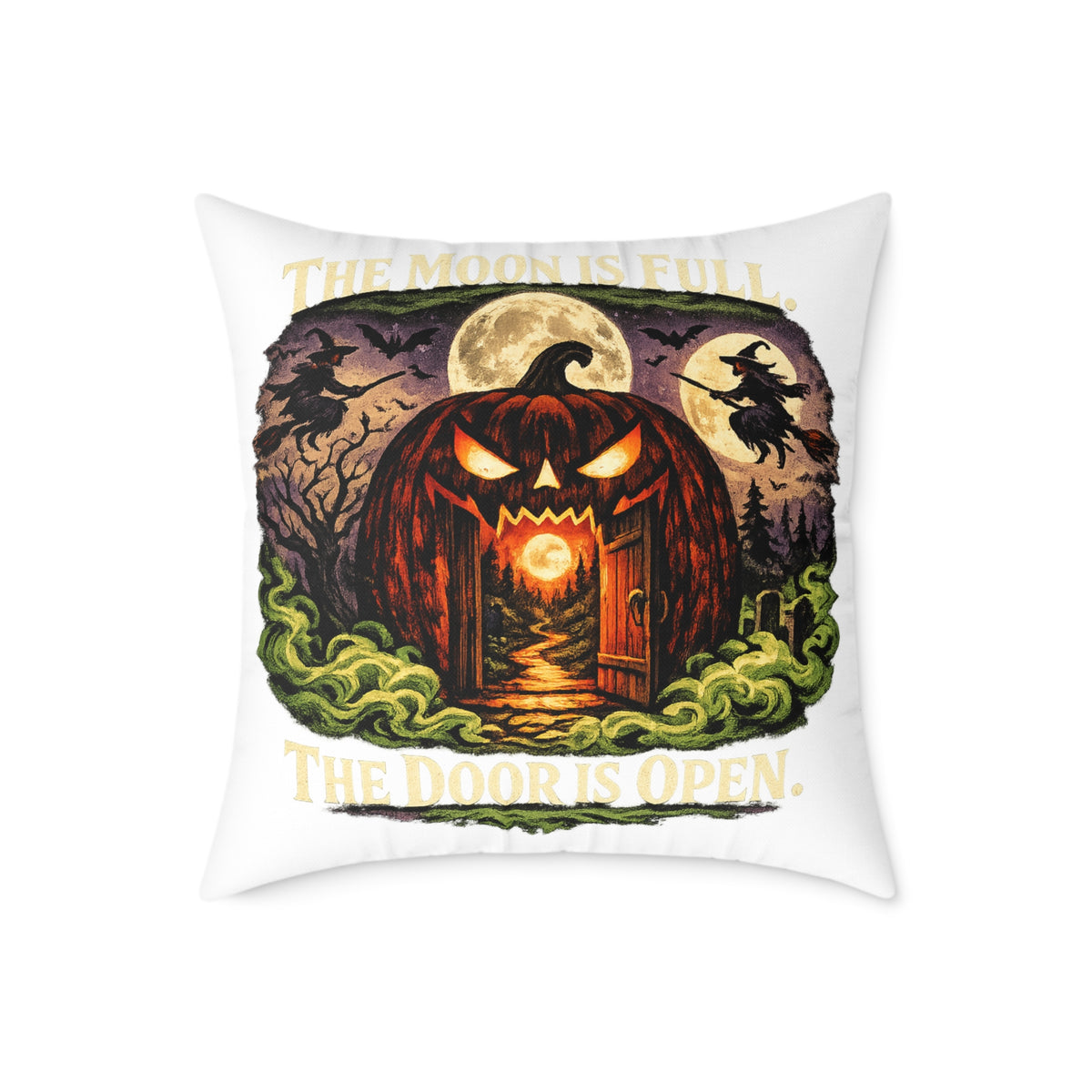 Halloween Pumpkin Doorway Square Pillow — Spooky Haunted House Decorative Throw Pillow