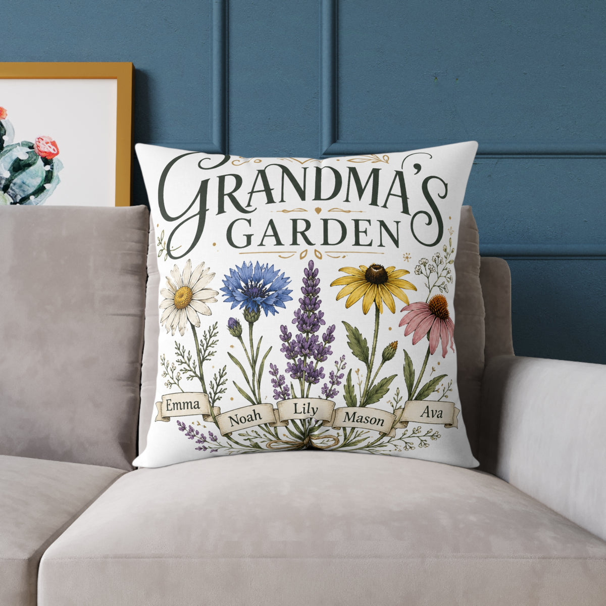 Grandma's Garden Floral Throw Pillow  Milo Bailey Dog Dad Mom— Personalized Family Names
