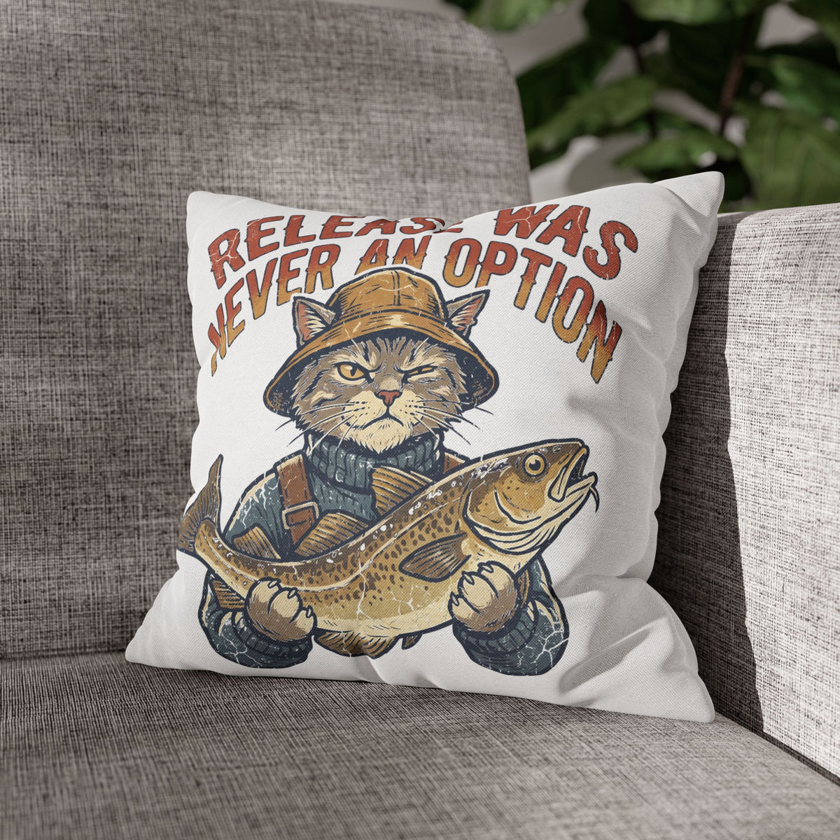 Funny Cat Angler Pillowcase - "Release Was Never An Option" Fishing Throw Pillow