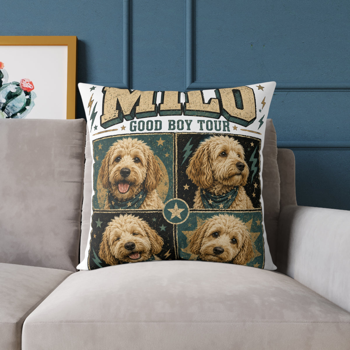 Milo "Good Boy Tour" Dog Photo Square Throw Pillow  Milo Bailey Dog Dad Mom