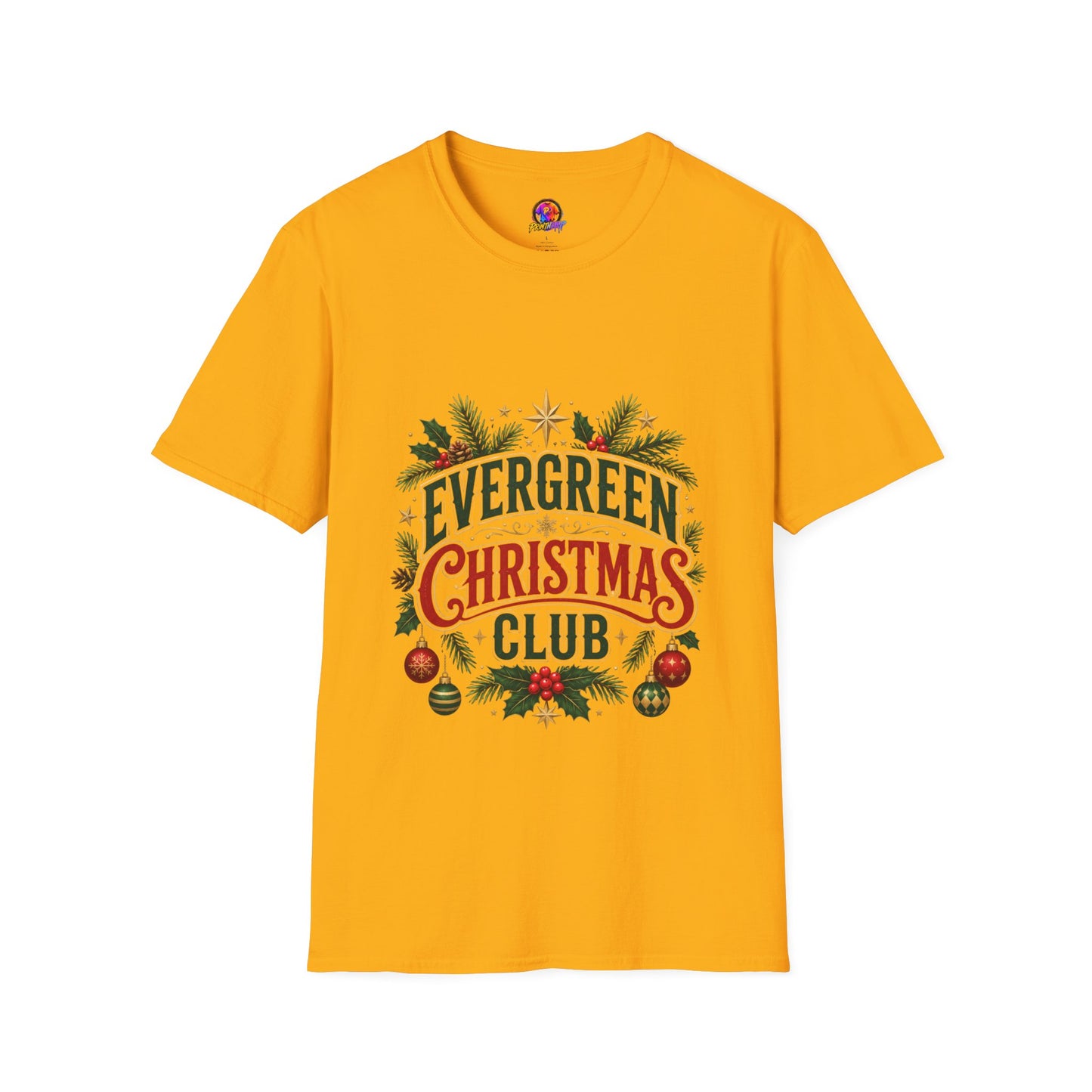 Evergreen Christmas Club T-Shirt — Vintage Holiday Pine & Ornaments Tee