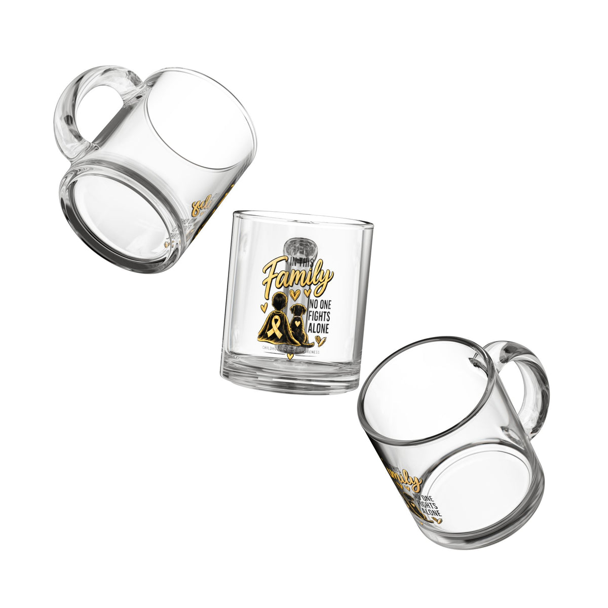 Glass Mug — "In This Family No One Fights Alone" Childhood Cancer Awareness Support Coffee Mug, 10oz