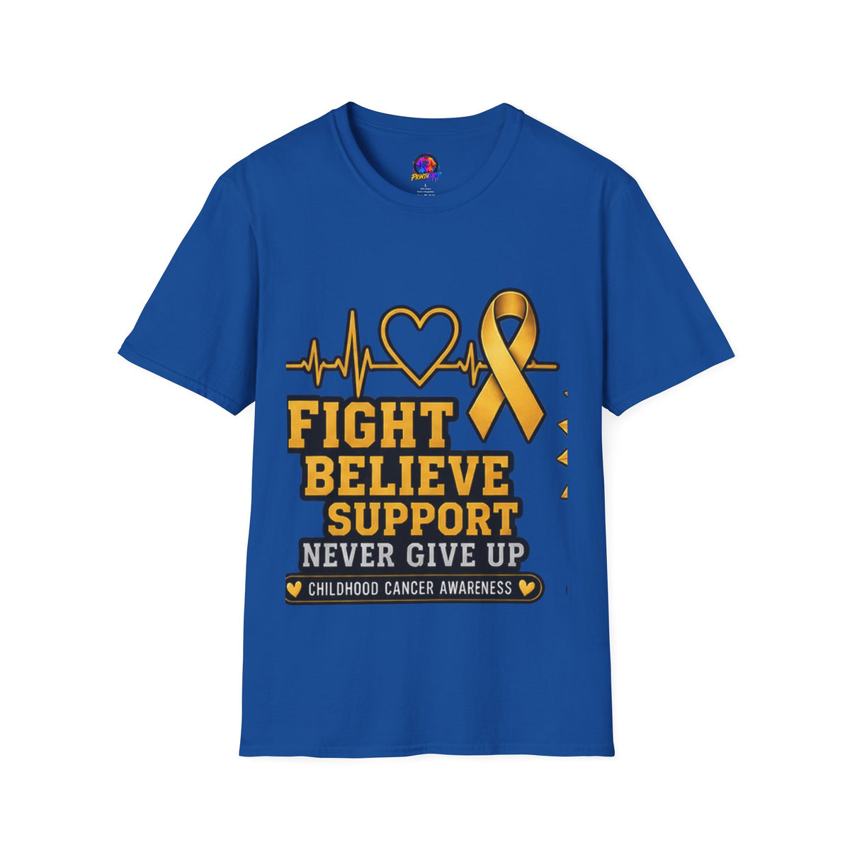 Childhood Cancer Awareness T-Shirt – "Fight Believe Support Never Give Up" Gold Ribbon Tee