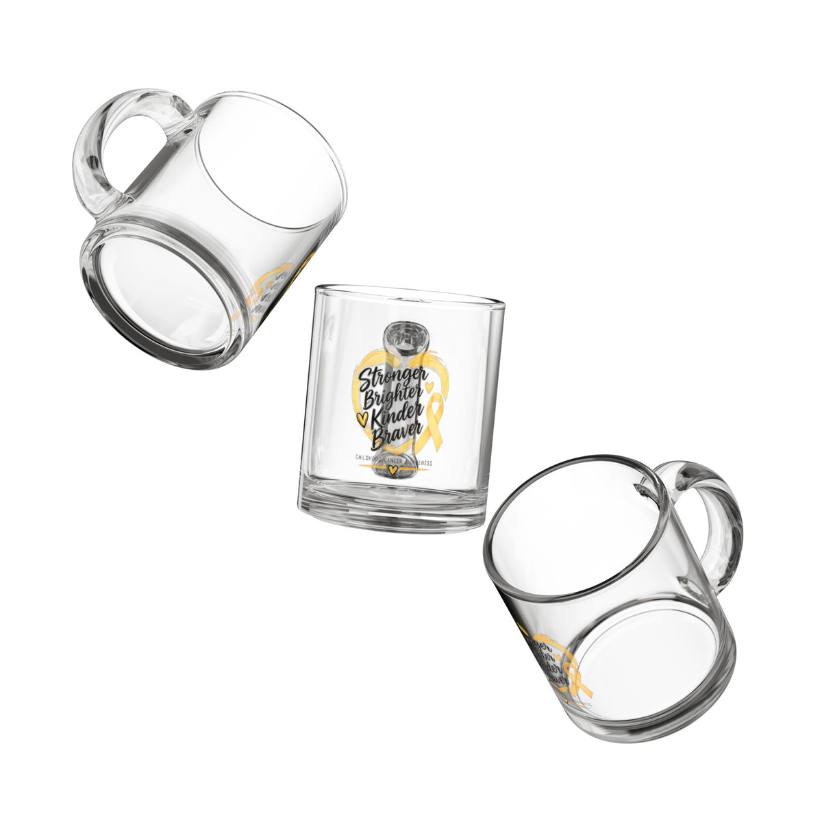 10oz Glass Mug — "Stronger, Brighter, Kinder, Braver" Childhood Cancer Awareness
