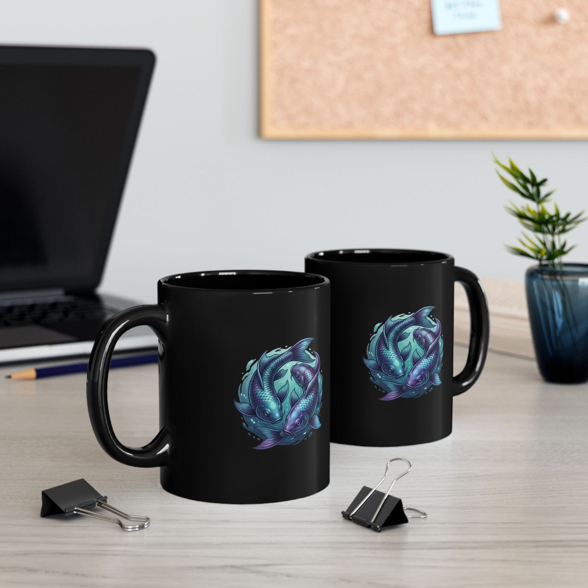 Pisces Zodiac Koi Yin-Yang Black Ceramic Mug  — Blue Fish Zen Coffee Cup
