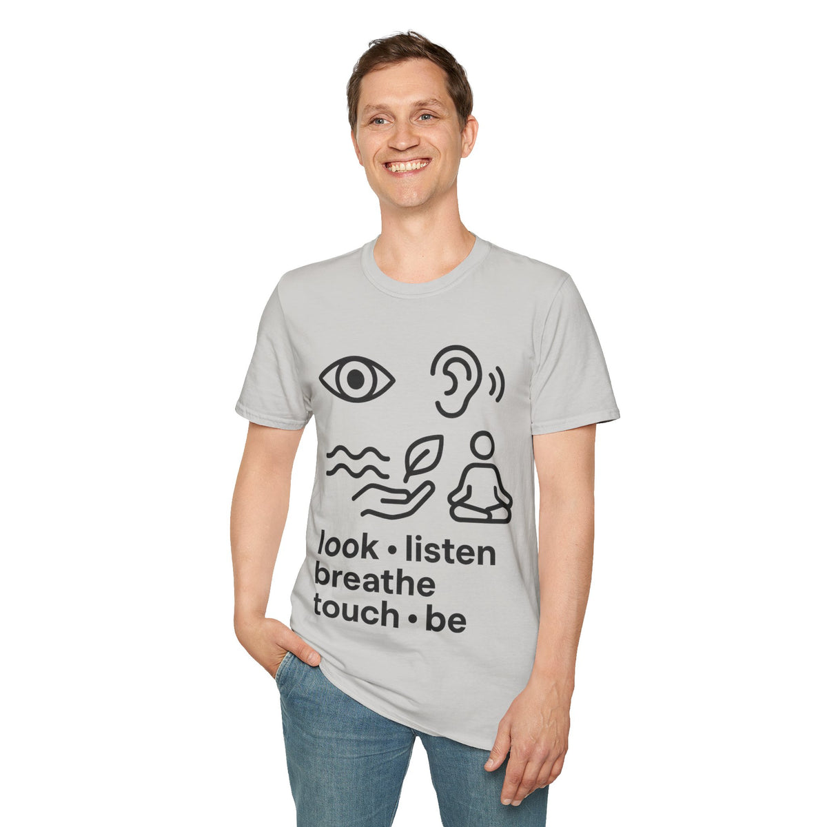 "Look Listen Breathe" Five Senses Mindfulness Tee - Minimalist Aesthetic Wellness White T-Shirt - Trending Now - September 2026