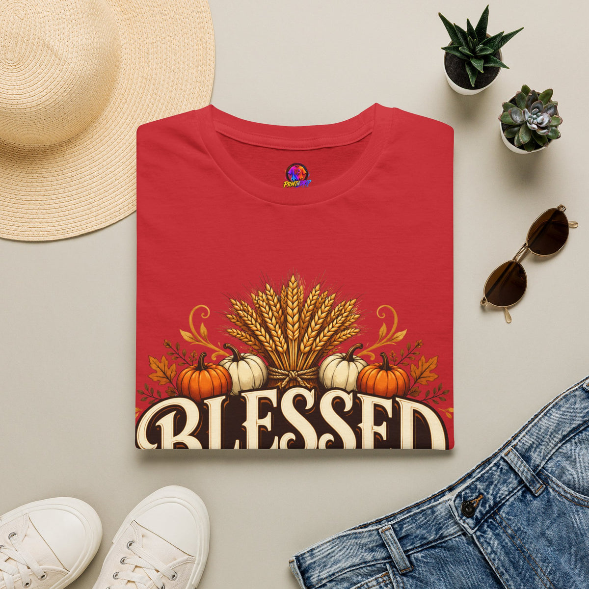 Thanksgiving T-Shirt Blessed Beyond Measure T-Shirt — Fall Harvest Pumpkin & Wheat Tee