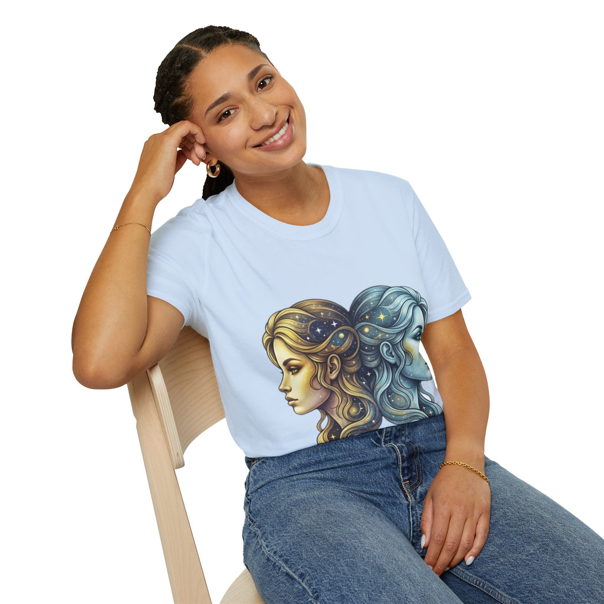 Zodiac Gemini Sun & Moon T-Shirt — Dual Faces Cosmic Design