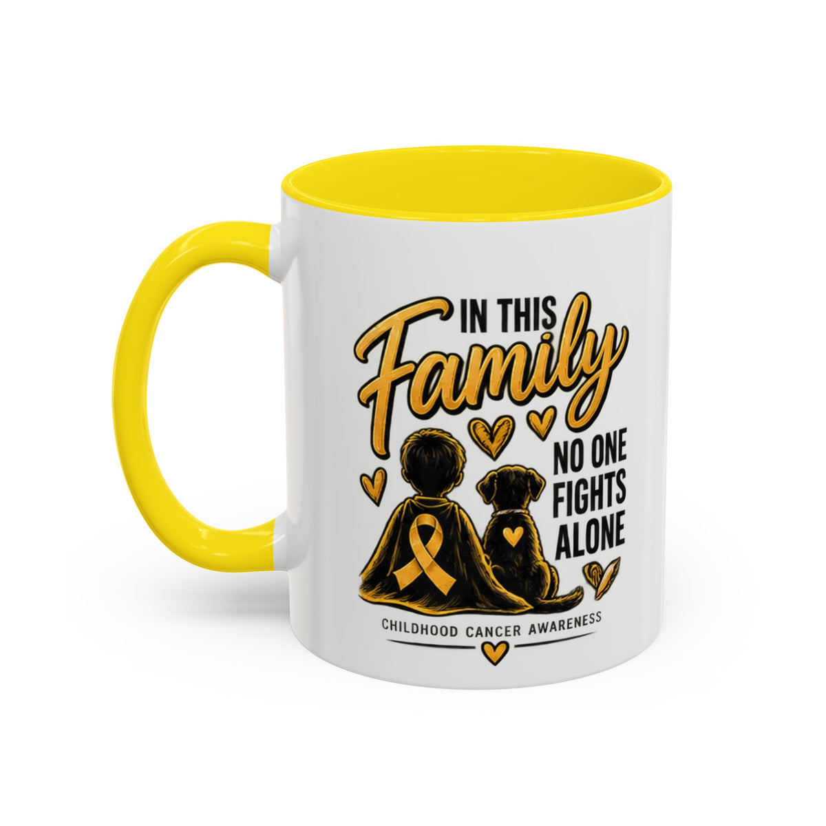 Childhood Cancer Awareness Coffee Mug — "In This Family No One Fights Alone"