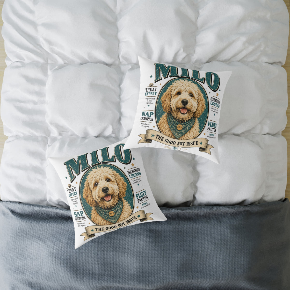 Milo Bailey Dog Dad Mom Square Pillow — "Milo: The Good Boy Issue" Dog Portrait Decorative Throw Pillow
