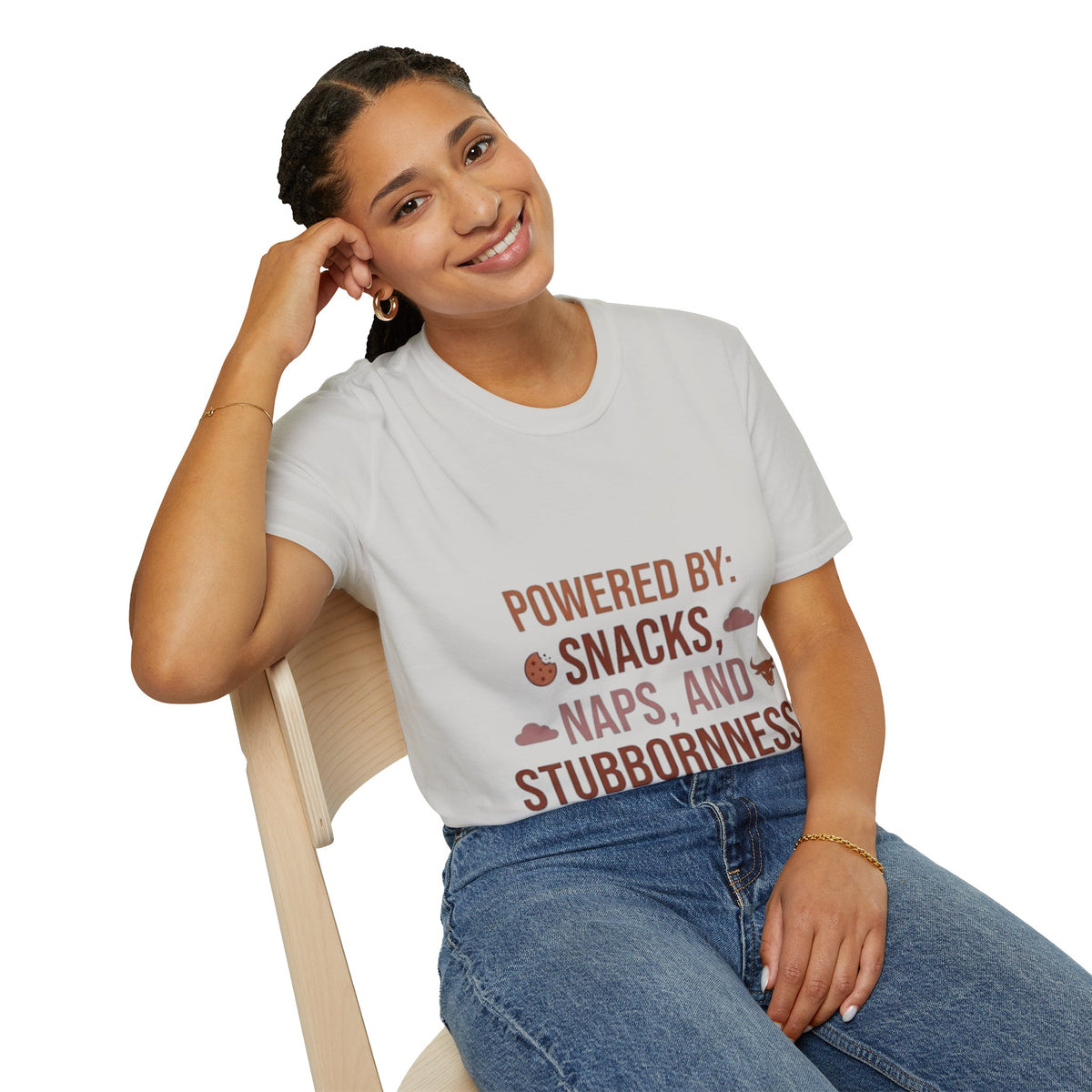 Taurus  Powered By: Snacks, Naps & Stubbornness T-Shirt — Funny Cozy Casual Tee