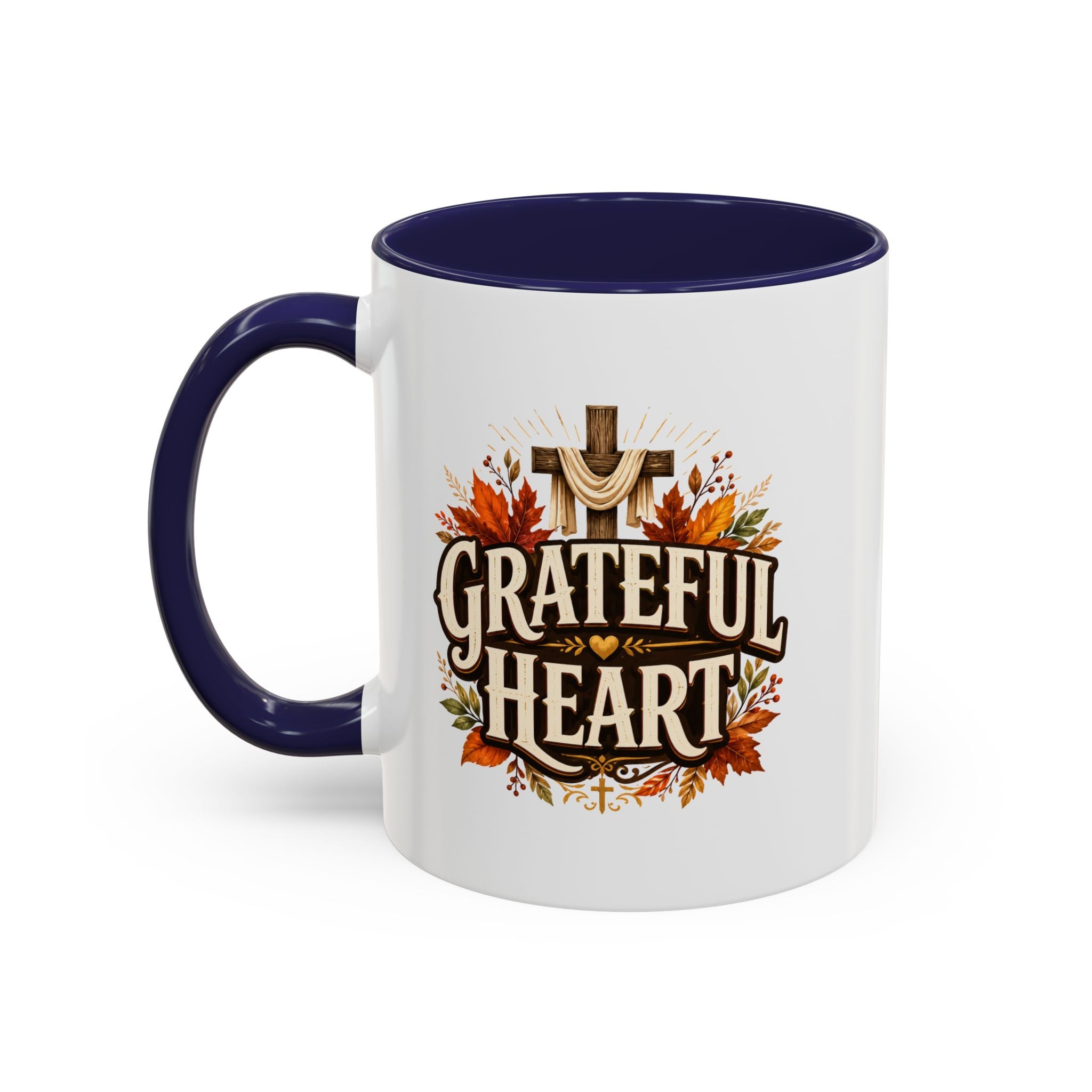 Thanksgiving Mug Grateful Heart Accent Coffee Mug – Autumn Leaves & Cross Spiritual Thanksgiving Gift
