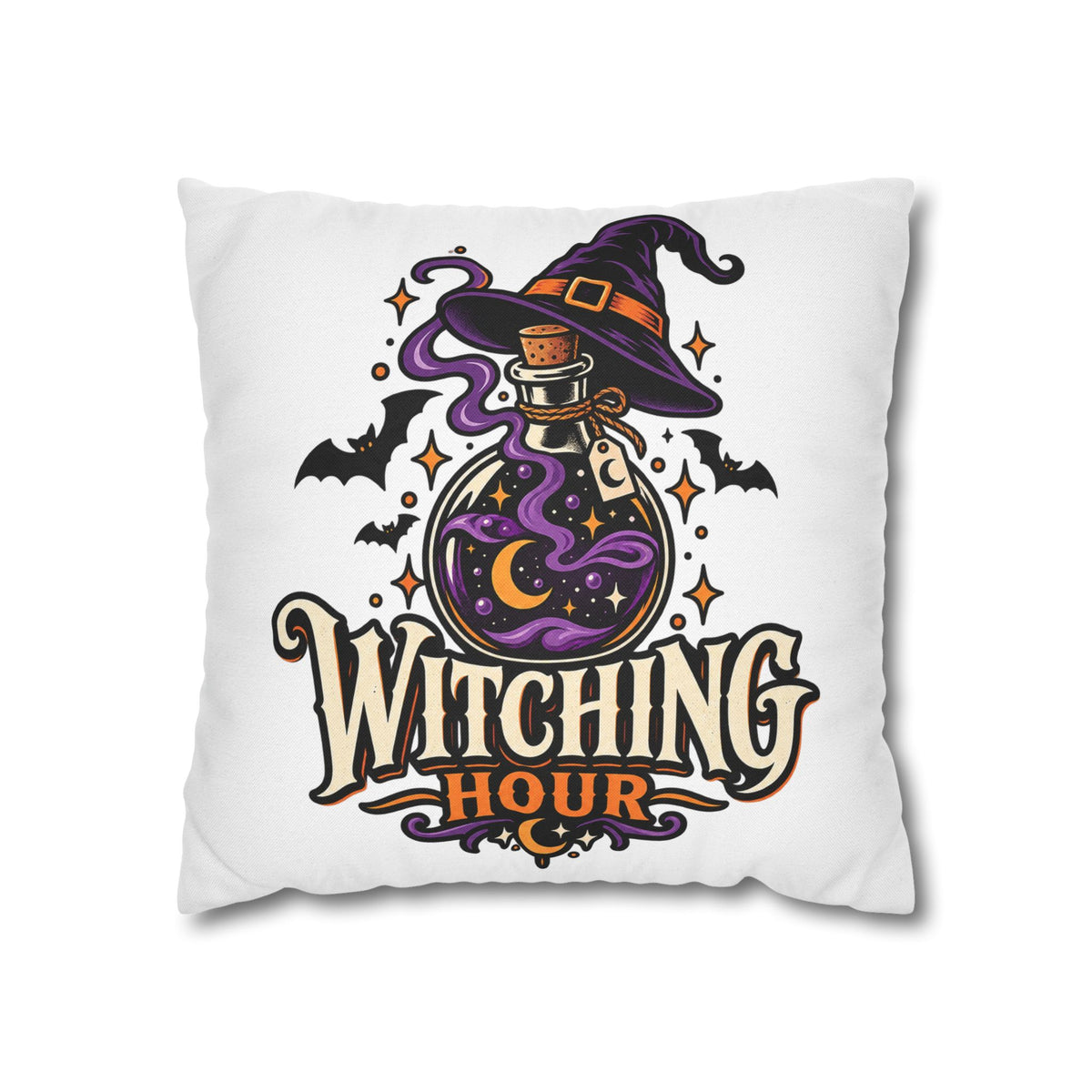 Witching Hour Square Pillowcase – Halloween Potion Witch Hat Throw Pillow Cover