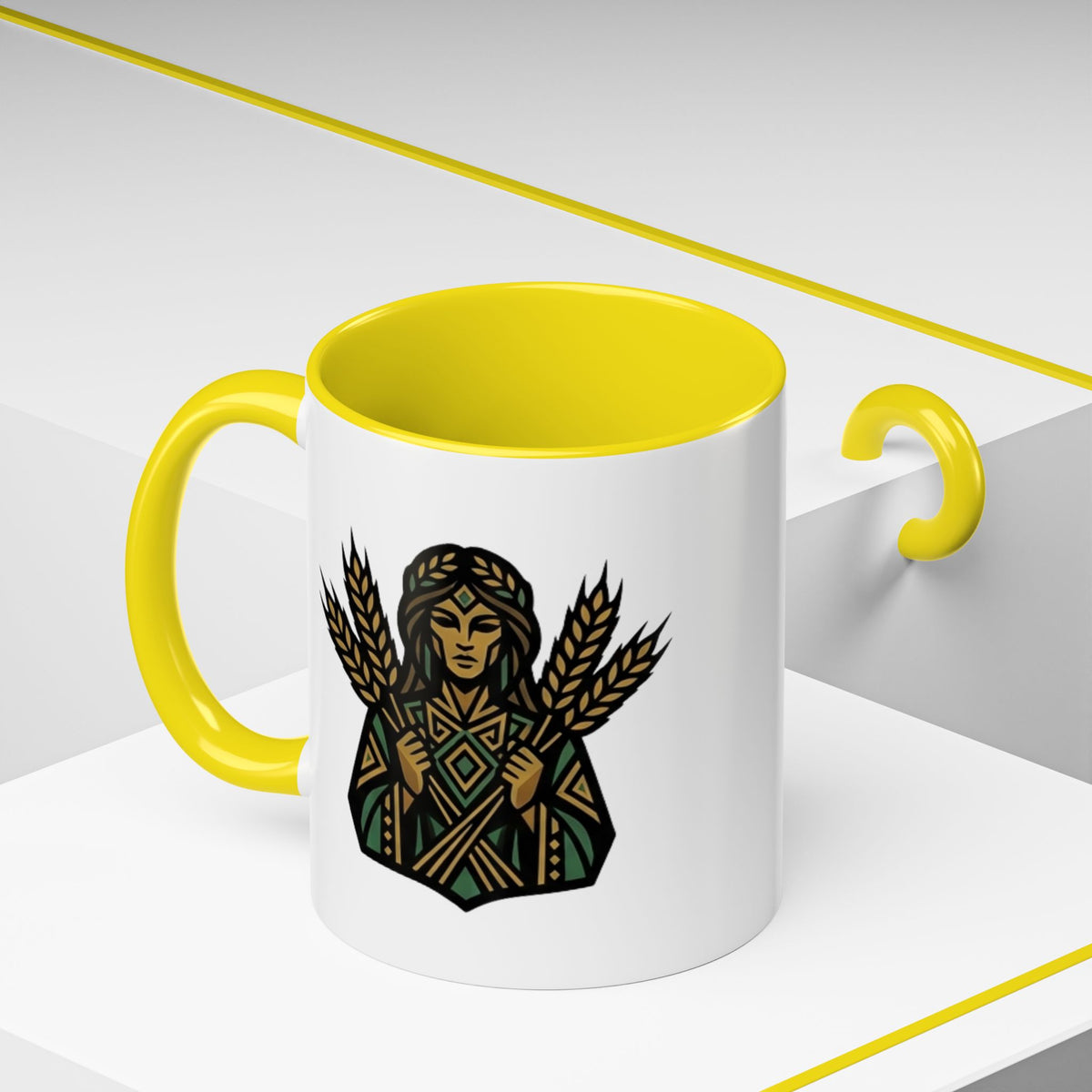Virgo Zodiac Harvest Goddess Accent Coffee Mug — Rustic Wheat & Earthy Green Tribal Design