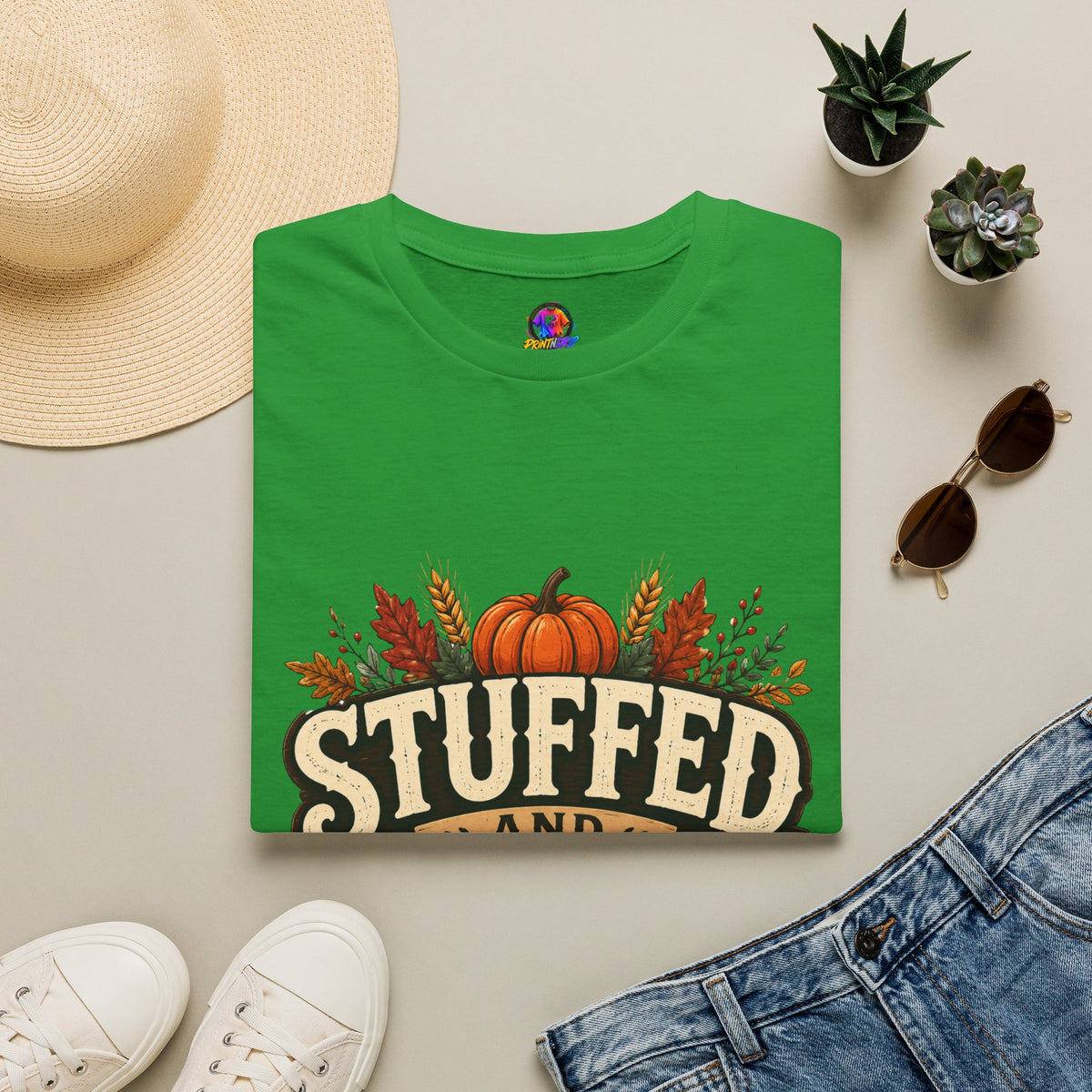 Thanksgiving T-Shirt Stuffed and Thankful T-Shirt — Thanksgiving Pumpkin Fall Graphic Tee