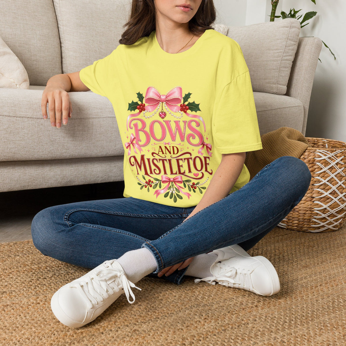 Bows and Mistletoe T-Shirt — Pink Holiday Bow Christmas Tee