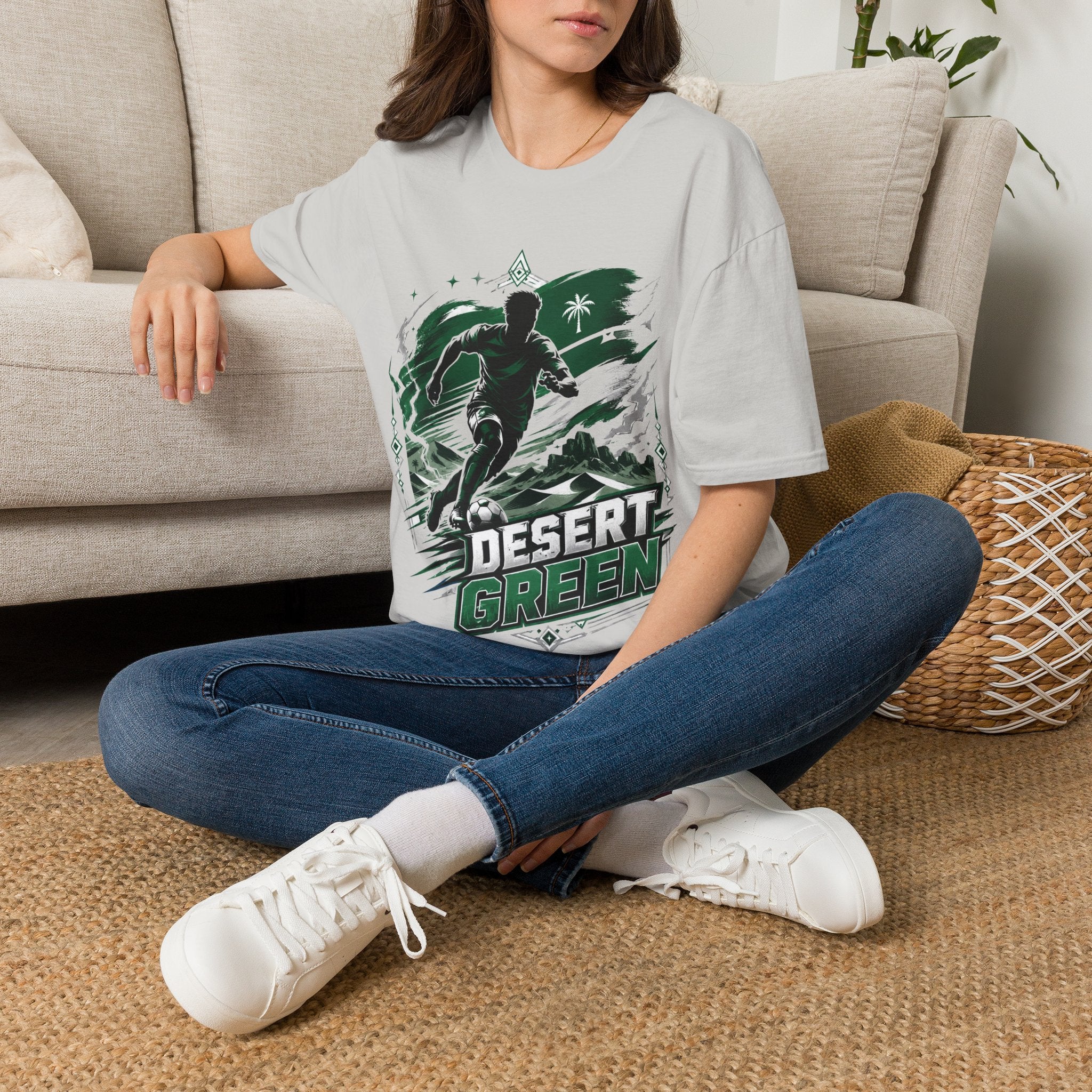 Saudi Arabia Desert Green Soccer T-Shirt — Silhouette Player Graphic
