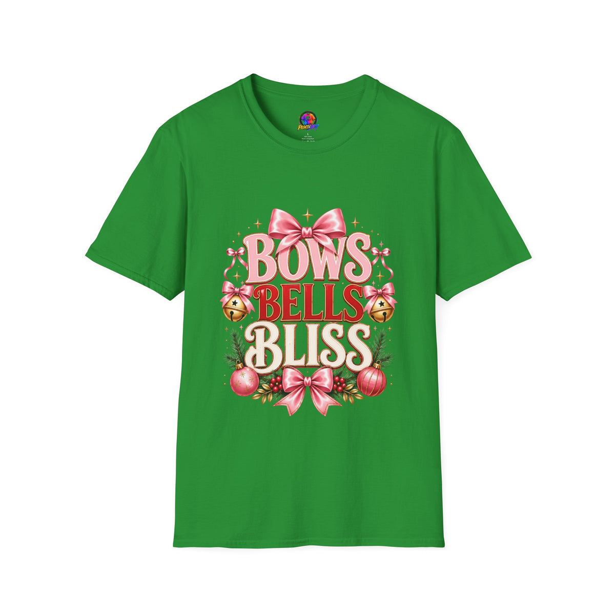 T-Shirt — "Bows Bells Bliss" Pink Holiday Graphic Tee