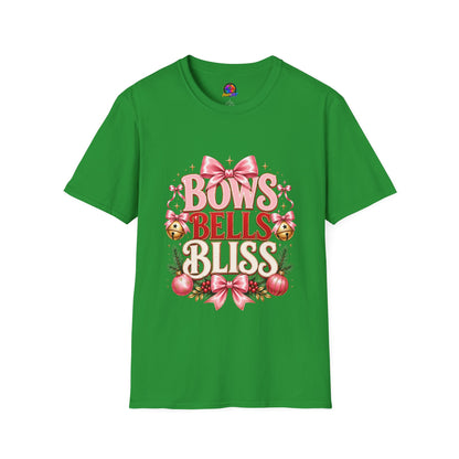 T-Shirt — "Bows Bells Bliss" Pink Holiday Graphic Tee