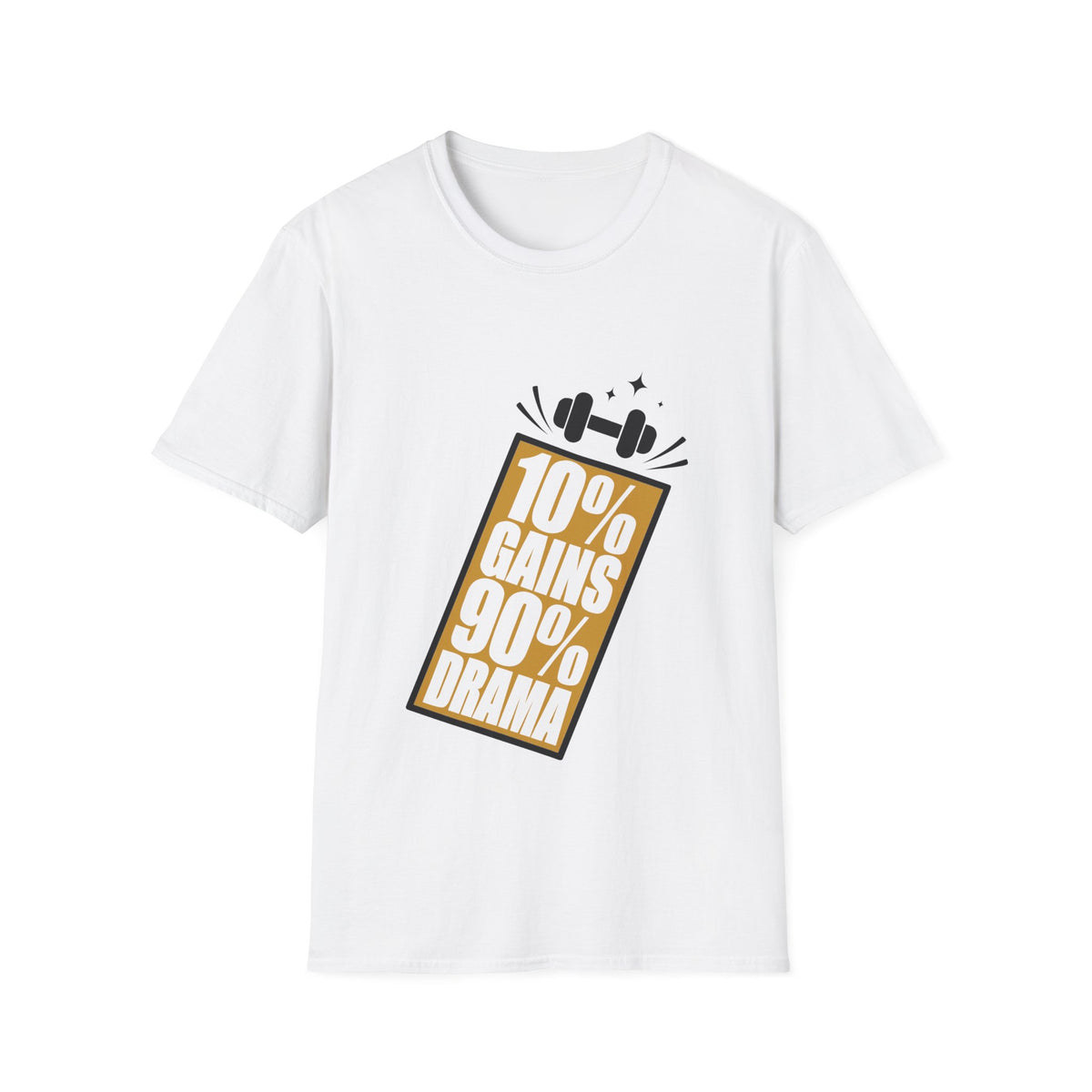10% Gains 90% Drama Gold Barbell T-Shirt - Minimalist Funny Gym Graphic Tee - Trending Now - September 2026