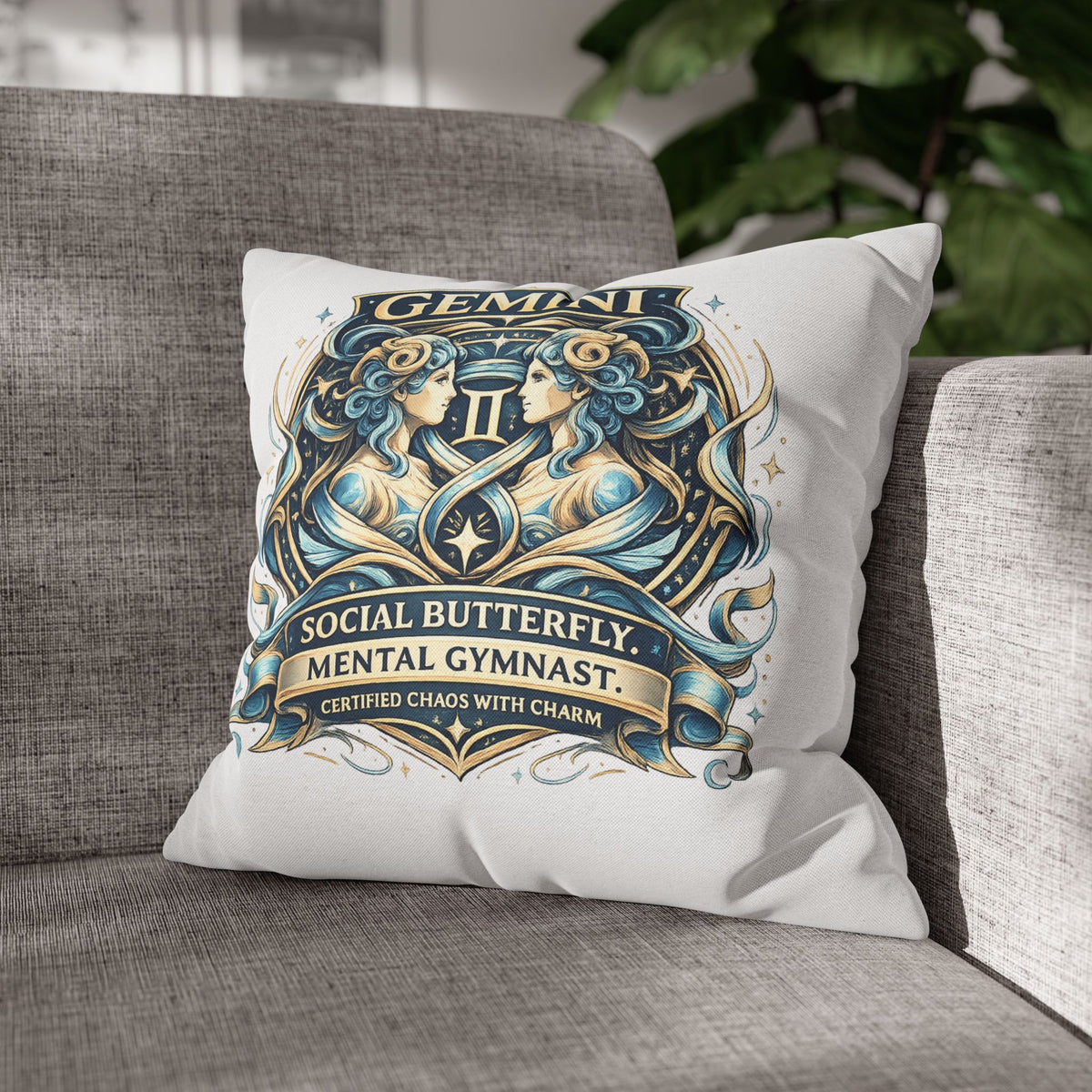 Gemini Zodiac Pillowcase — "Social Butterfly, Mental Gymnast" Decorative Throw Pillow