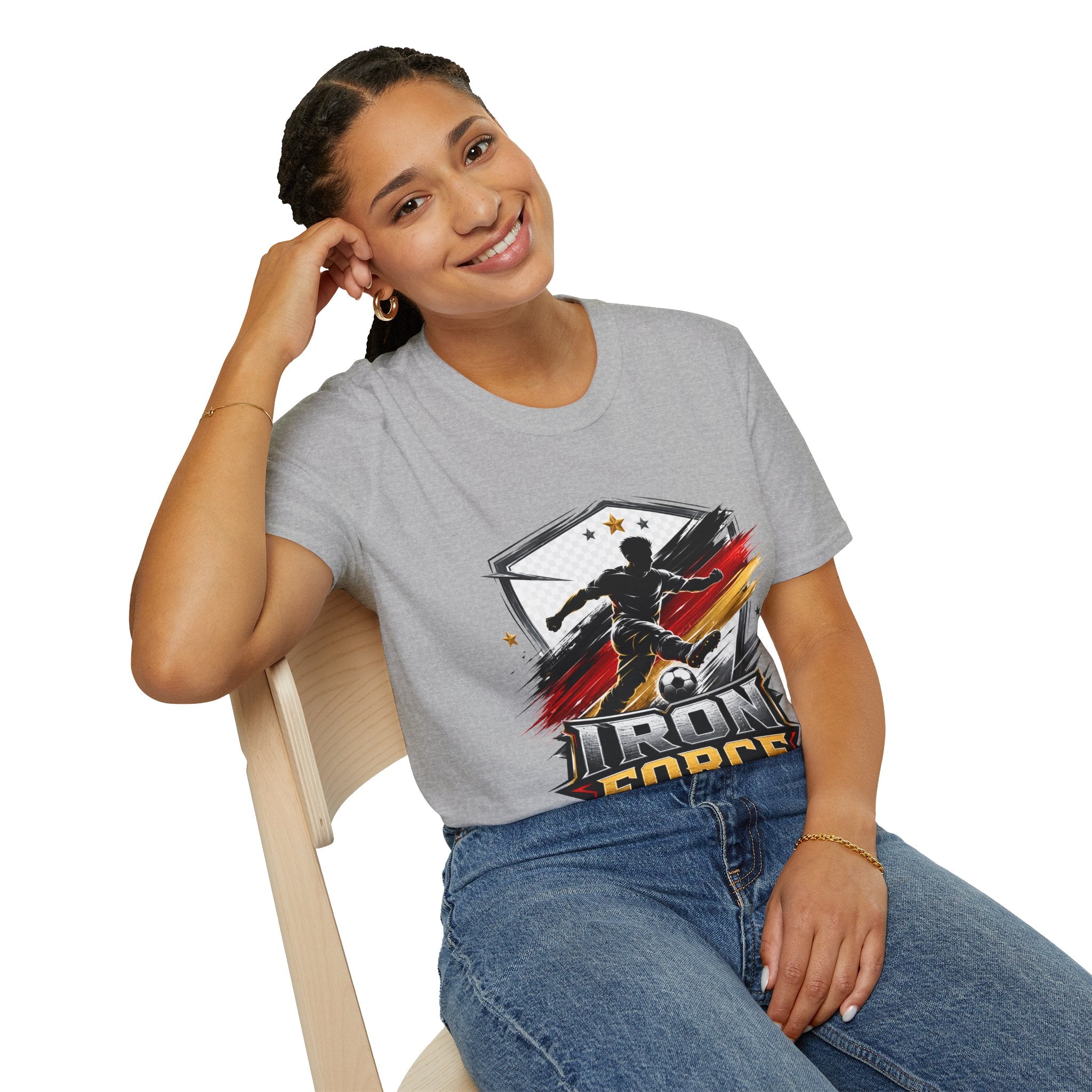 Germany Soccer 'Iron Force' Graphic T-Shirt — Player Silhouette with Red & Gold Brushstroke Emblem