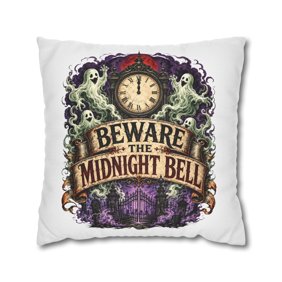 Halloween Beware the Midnight Bell Pillowcase — Haunted Clock & Ghosts Decorative Throw Pillow