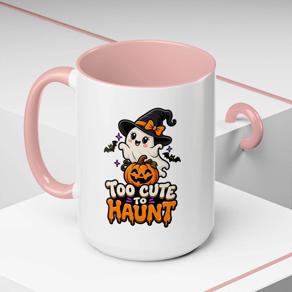 Halloween Coffee Mug - 'Too Cute to Haunt' Ghost Pumpkin Accent Mug