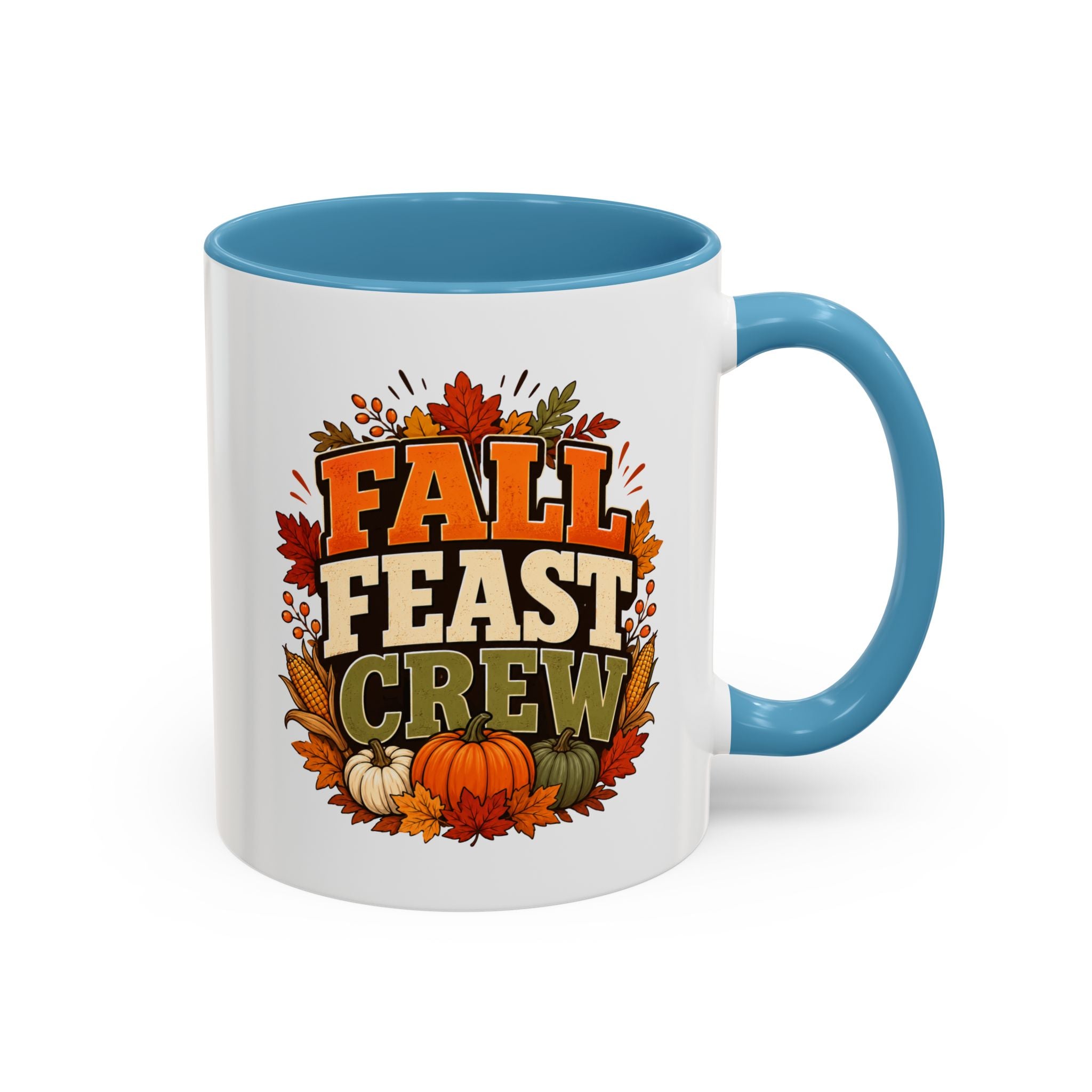 Thanksgiving Mug Fall Feast Crew Coffee Mug — Thanksgiving Pumpkin Autumn Leaves Accent Mug