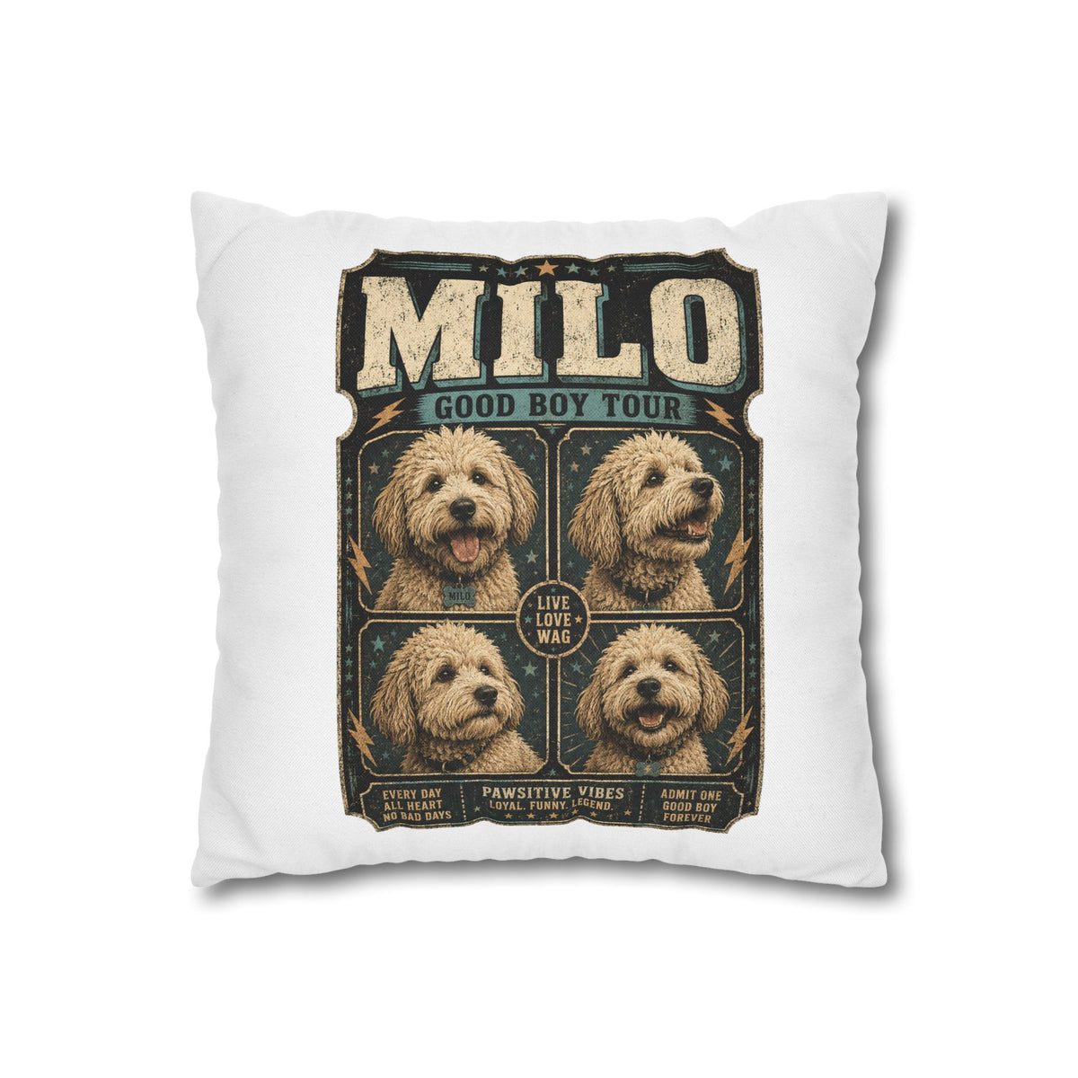 Milo "Good Boy Tour" Square Pillowcase — Cute Dog Portrait Decorative Pillowcase Milo Bailey Dog Dad Mom